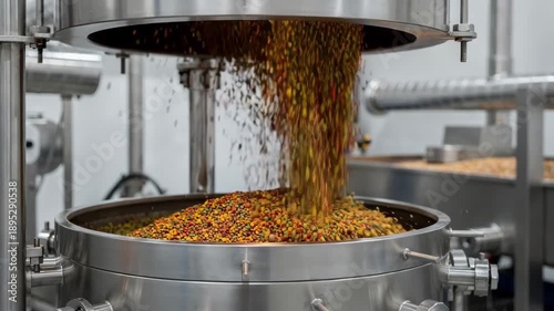 Medium shot of fluidbed agglomeration equipment producing instantdispersible flavored spice granules with vibrant colors and fine texture detail.