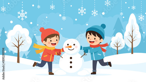 Two cheerful children dressed in warm winter gear working together to build a friendly snowman in a beautiful snowy landscape.