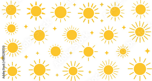 Cute sun icon vector set with sunshine symbols and sparkle stars for summer weather, kids and decorative design