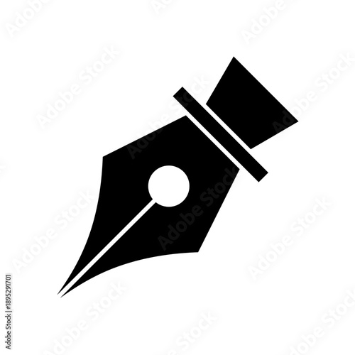 A black silhouette icon of a classic pen nib on a clean white background.
