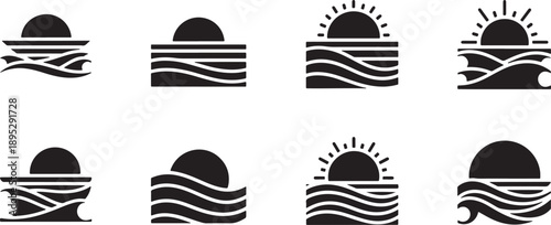 Minimalist Black and White Ocean Waves with Sunrise and Sunset Vector Icons