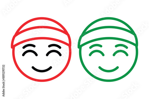 Two smiling faces with closed eyes and head wraps, simple illustration art, side by side on a clean background, viewed from the front.