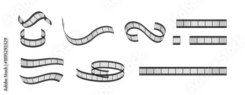 Collection of various film strip segments and reels in different curved and straight shapes, isolated on white background