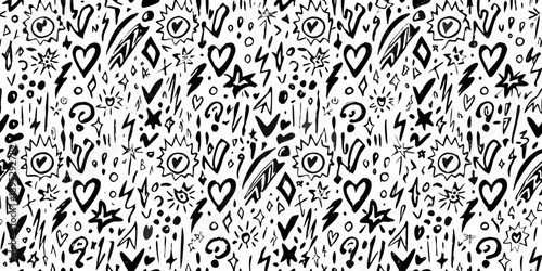 Black and white doodle pattern with hearts stars and lightning bolts