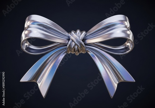 Elegant silver ribbon bow with iridescent sheen on a dark background