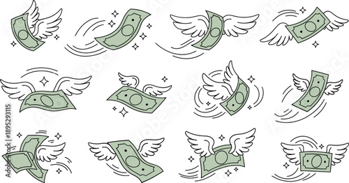 Hand drawn flying money banknote vector set with wings and motion lines for finance and fast cash concept