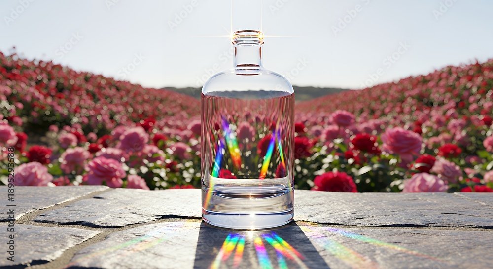 Naklejka premium A glass bottle containing rainbow colored flowers stands on a rocky surface amidst a field of vibrant pink flowers under a clear sky