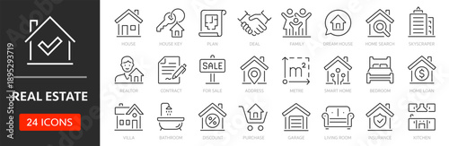 Real estate line icon set. Editable Stroke. House, realtor, deal, for sale, purchase, renting, home loan, property - stock vector.