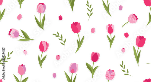 Minimal seamless tulip flower pattern vector background with scattered pink blossoms for spring textile and wallpaper design