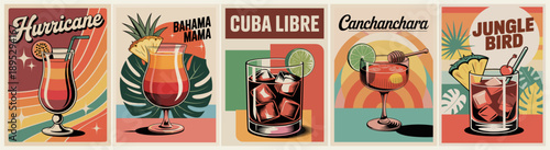 Retro-style horizontal menu featuring five tropical cocktails with vibrant layered drinks, garnishes, and artistic illustrations.
