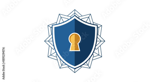 Blue shield with keyhole icon surrounded by geometric shapes.