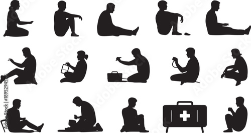 Human Silhouette Set Featuring People Sitting Kneeling and Performing First Aid for Emergency and Medical Safety Design