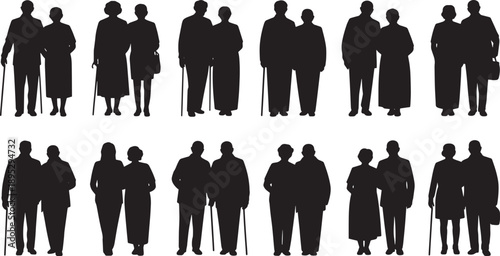 Senior Elderly Couple Silhouette Collection Featuring Older Adults Walking with Canes for Retirement and Aging Concept