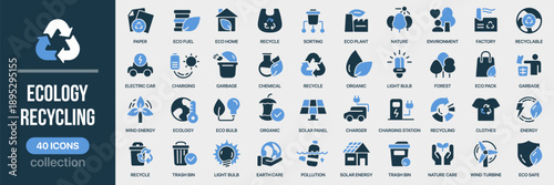 Ecology and recycling fill icon collection. Includes sustainability, energy, and environmental care symbols. Created in colored style with blue palette