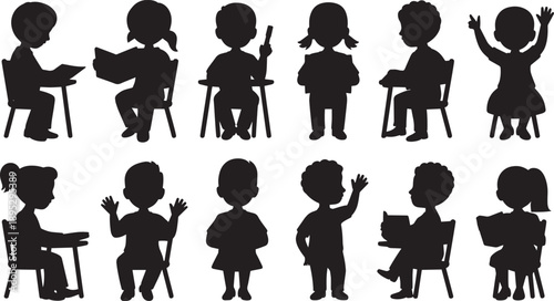 Silhouettes of School Children Sitting at Desks and Standing for Classroom Education Learning and Student Set Design