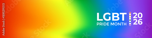 LGBT Pride Month 2026 Rainbow Gradient Banner with Heart Icons, Celebrating Diversity and Unity in the LGBTQ Community. Pride month wide banner 2026