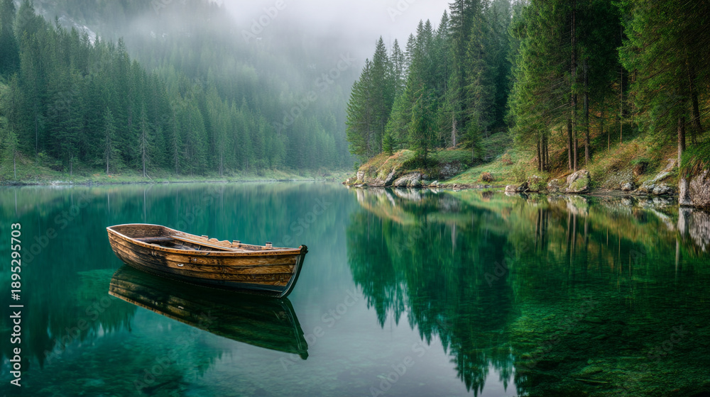 Obraz premium A small wooden boat floats on a calm lake surrounded by dense forest