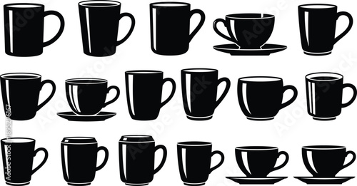 Black and white coffee cup and mug silhouettes collection featuring modern minimalist drinkware icons isolated on white background
