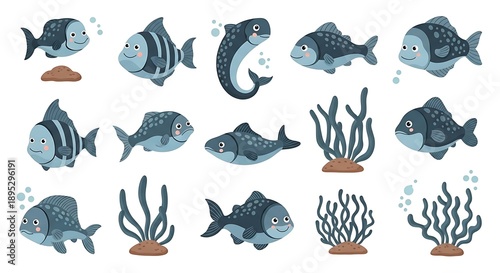 Collection of Cartoon Fish and Seaweed Illustrations.