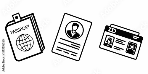 Identification Icons Set – Passport and ID Card Vector for Verification and Security.