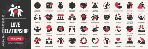 Love and relationship fill icon collection. Includes emotions, psychology, support, conflict, and affection concepts. Created in colored style with red palette