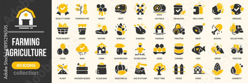 Farming and agriculture fill icon collection. Includes farming, crops, livestock, food production, and rural tools. Created in colored style with yellow palette