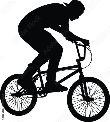 Action silhouette of a professional young man performing stunts on a BMX bike isolated on white background for sports lifestyle and urban cycling.
