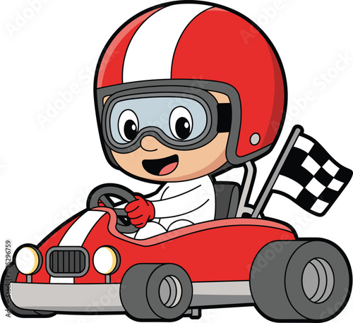 Cheerful Young Boy Driving a Red Go-Kart wearing a Safety Helmet and Goggles with a Checkered Racing Flag Cartoon Style Vector Illustration for Kids SportsCheerful Young Boy Driving a Red Go-Kart 