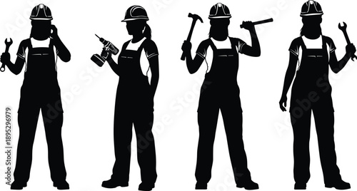 Black and white construction worker silhouettes collection showing female tradespeople holding tools in industrial safety gear isolated on white