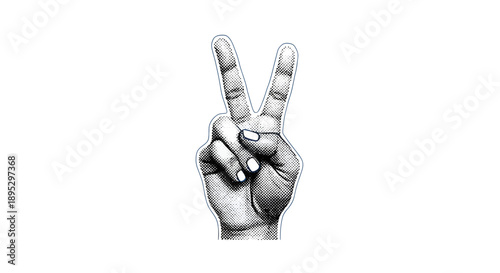 Hand making peace sign gesture in black and white illustration from front view