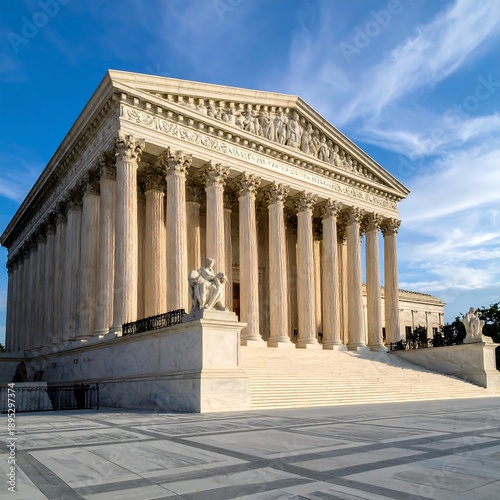 Large classical building with many columns under a blue sky, reflecting law and justice. A statuesque figure is seated