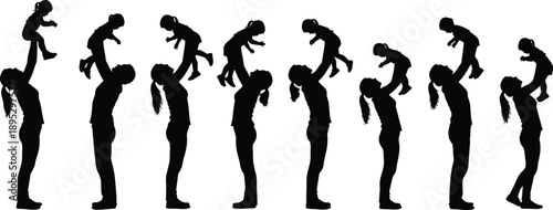 Mother lifting and playing with baby daughter silhouette vector illustration set showing happy family moments parenthood love and childhood isolated on white background.