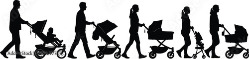 Parents pushing baby stroller silhouette vector illustration set featuring mother and father walking with infant pram isolated on white background for family lifestyle design.