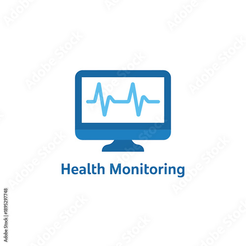A blue computer monitor displaying a heartbeat waveform with text below