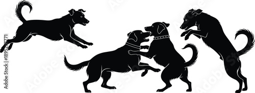 Playing dogs silhouette vector illustration set showing happy pet animals jumping and running together isolated on white background for canine behavior or veterinary design.