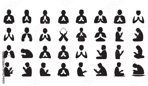 People praying gesture icon set, pray hand position simple flat black silhouette vector illustration collection