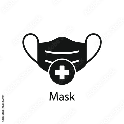 A simple black icon depicts a medical face mask with a prominent plus sign