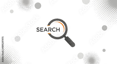 Magnifying glass with search text on white background with gray dots and subtle gradient effects