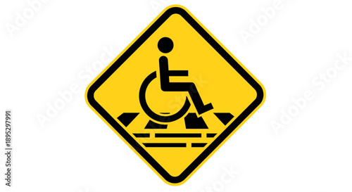 Warning sign for wheelchair user crossing with caution symbol on yellow background viewed from the front
