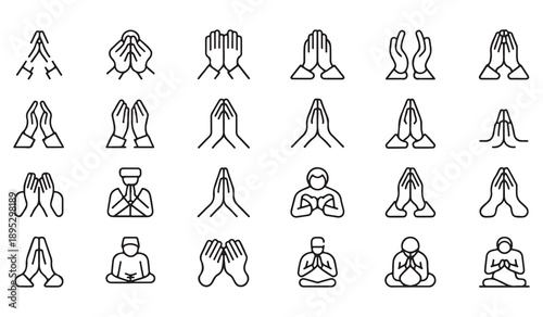 Praying hands icon set, hand gesture collection in line art style for religious and spiritual design