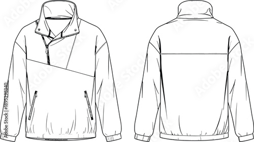 Technical fashion illustration of a men's oversized windbreaker jacket featuring asymmetric quarter-zip collar, front pocket detailing, and elastic cuffs in a flat vector style.
