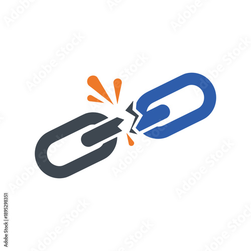 Broken link symbol with explosion effect on white background