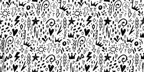 Abstract black and white doodle pattern with hearts stars and lightning bolts