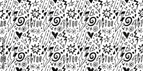 Black and white chaotic pattern of stars lightning and abstract shapes