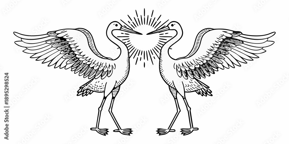 Obraz premium Two stylized heron birds face each other with wings outstretched