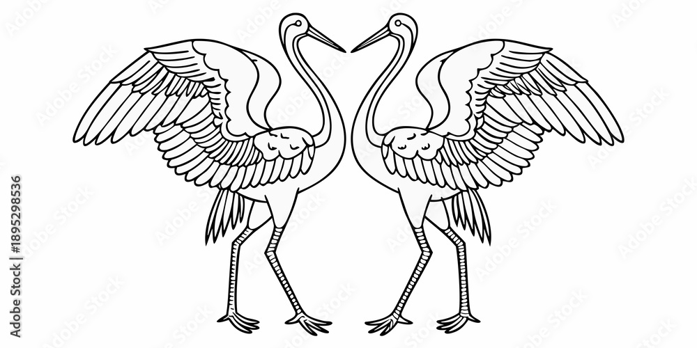 Fototapeta premium Two cranes forming a heart shape with their necks in a line art style