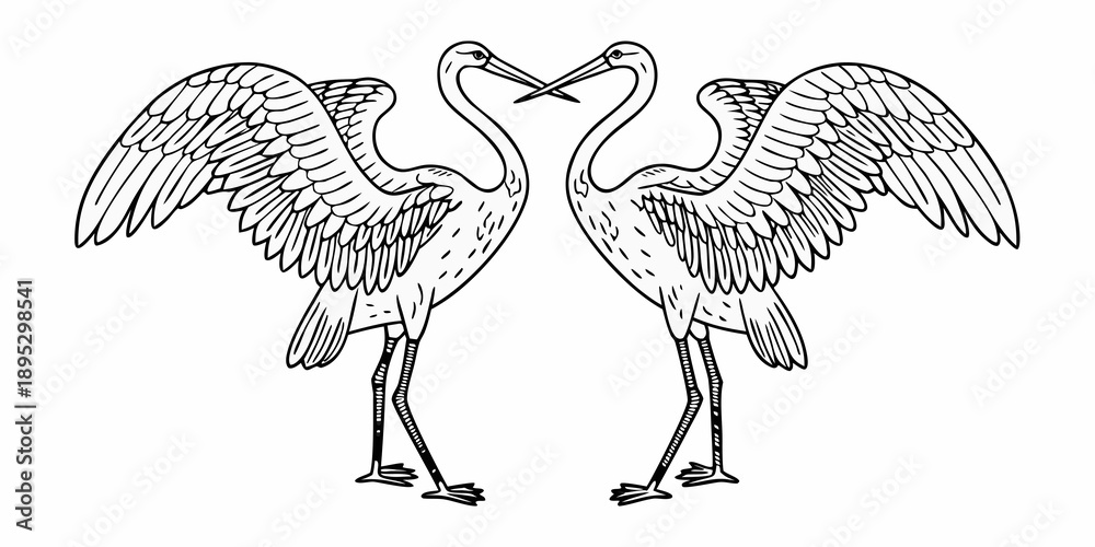 Obraz premium Two cranes facing each other with beaks touching in a symmetrical illustration