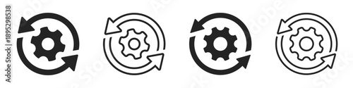 Sync process and workflow icon set. Productivity, setting, synchronization, gear wheel with arrow symbol on white background - stock vector.