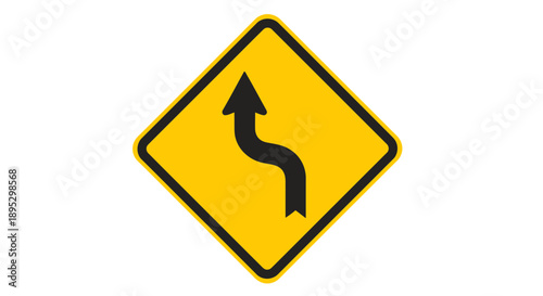 A yellow warning sign with a black border and curved arrow pointing upwards and to the right indicating direction change