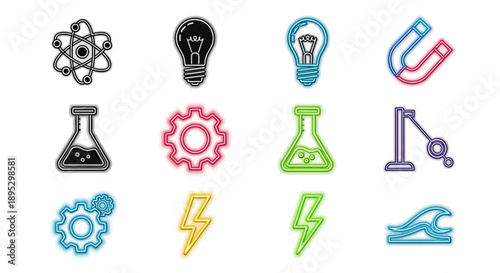 Collection of colorful science and technology related icons in a grid